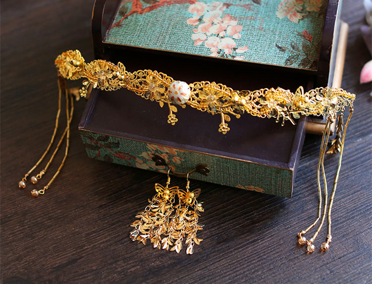 金色四件套古裝頭飾，古典韻味發(fā)飾