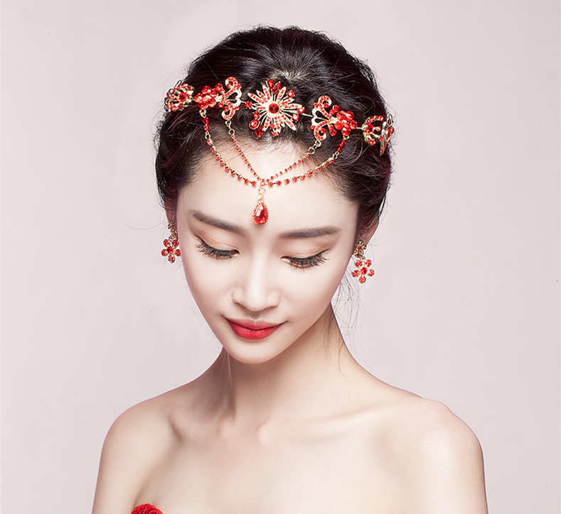 中式三件套裝敬酒服額飾，優(yōu)美盤發(fā)配飾發(fā)飾