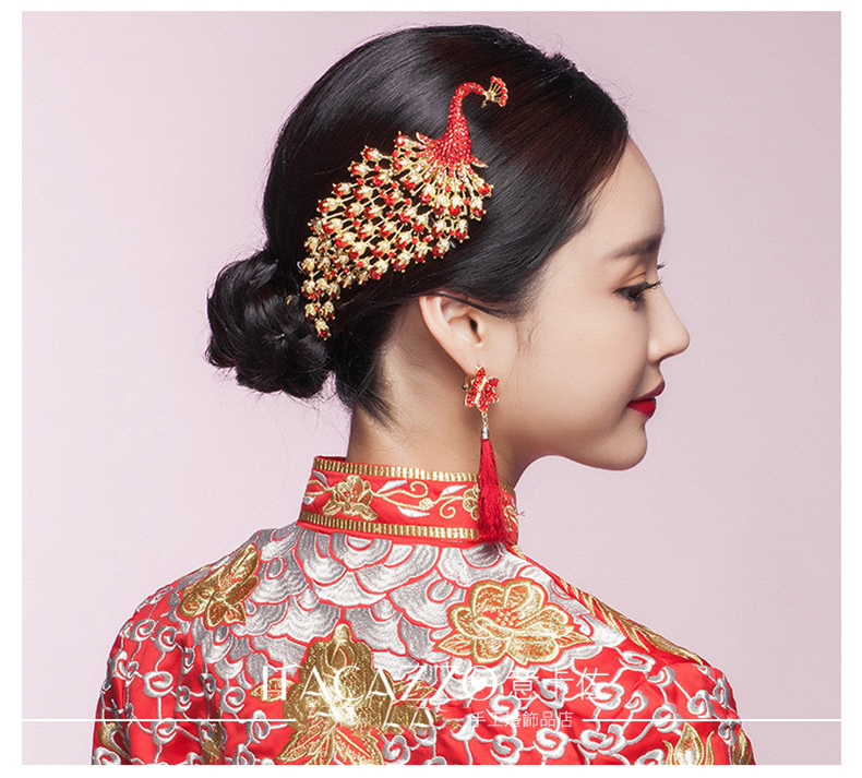 金色中式新娘鳳凰頭飾，盤發(fā)插梳敬酒服發(fā)飾