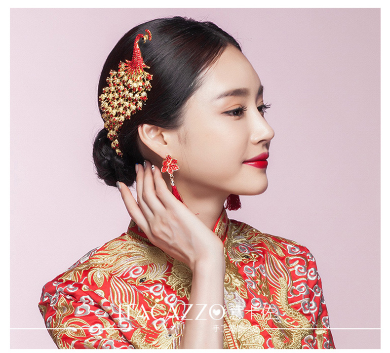 金色中式新娘鳳凰頭飾，盤發(fā)插梳敬酒服發(fā)飾