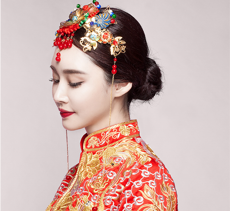 五彩金片花朵紅珠頭飾，新娘精美發(fā)飾