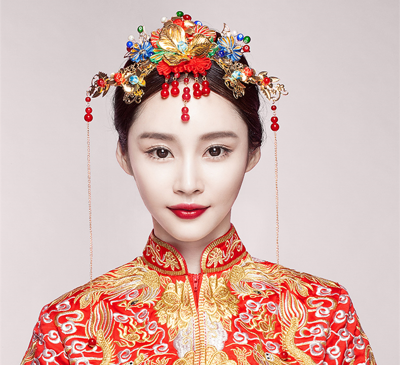 五彩金片花朵紅珠頭飾，新娘精美發(fā)飾