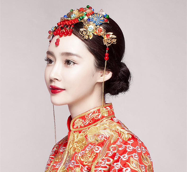 五彩金片花朵紅珠頭飾，新娘精美發(fā)飾