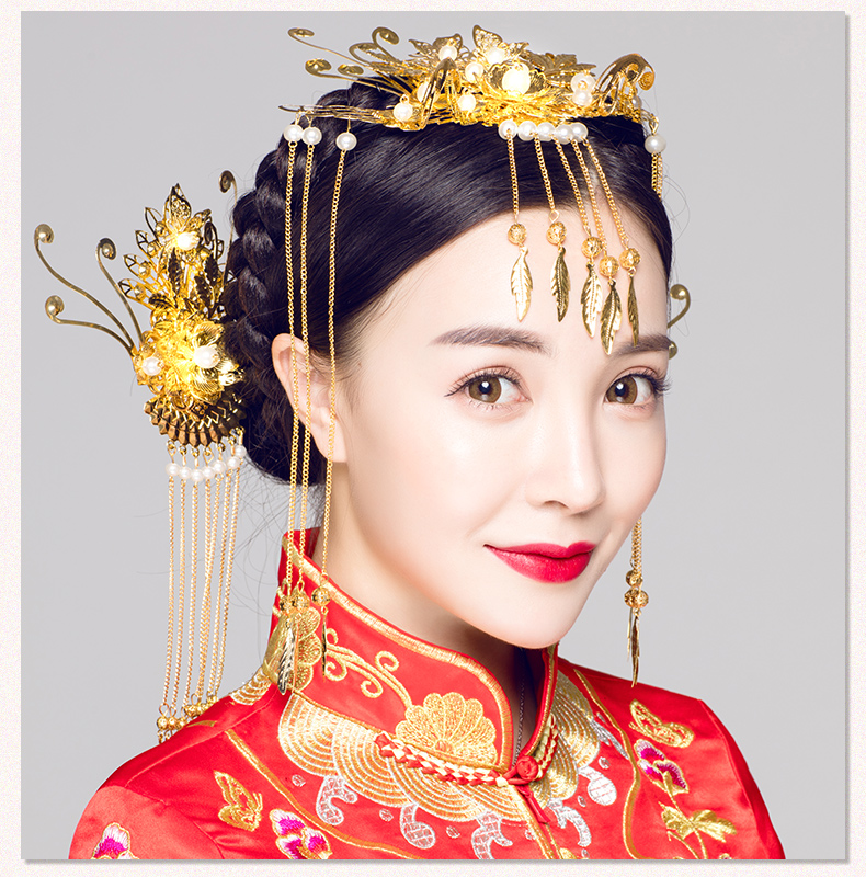 步搖古典造型新娘頭飾，金色花枝高貴發(fā)飾