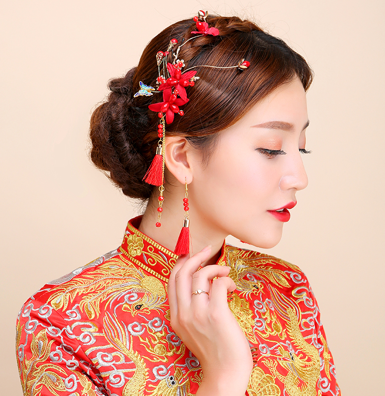 紅色頭飾邊夾耳鉤套裝，2017新款新娘配色