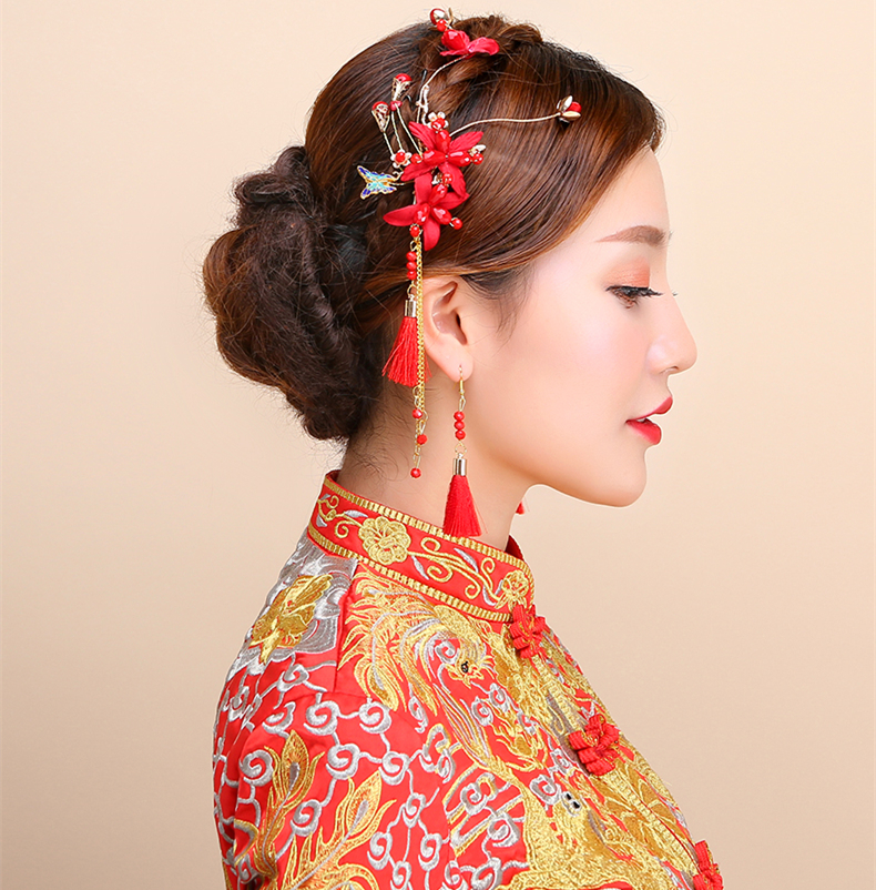 紅色頭飾邊夾耳鉤套裝，2017新款新娘配色