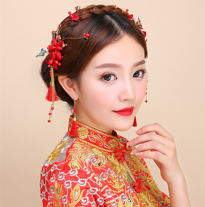 紅色頭飾邊夾耳鉤套裝，2017新款新娘配色