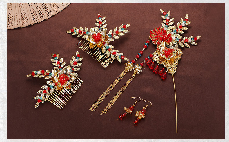 手工精美發(fā)飾紅雀，古代紅色中式發(fā)插