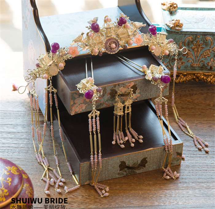 紫色串珠流蘇鳳冠結(jié)婚頭飾，中式古裝發(fā)飾