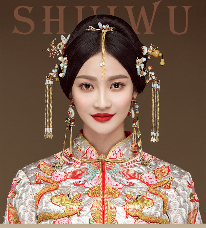 古玉串珠中式流蘇頭飾，新娘古裝發(fā)飾套裝