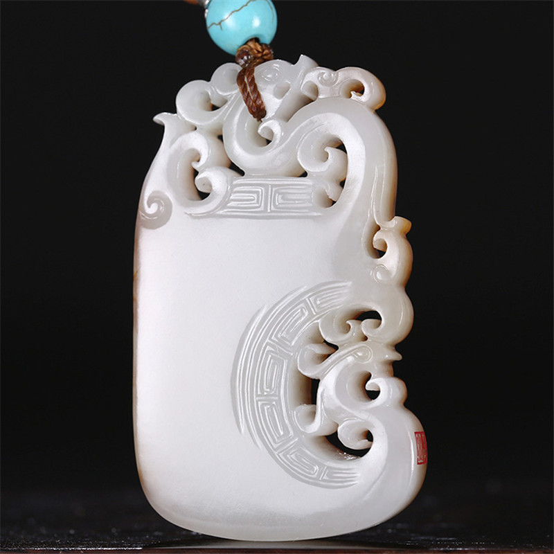 龍鳳圖騰雕刻和田玉，羊脂玉籽料掛件