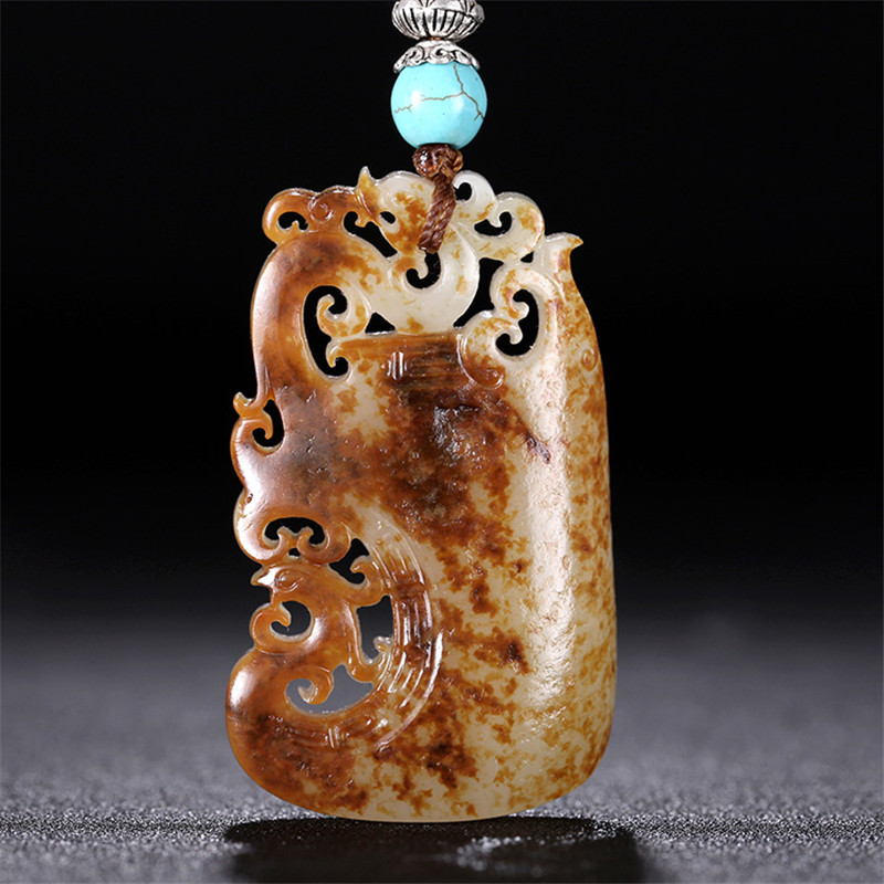 龍鳳圖騰雕刻和田玉，羊脂玉籽料掛件