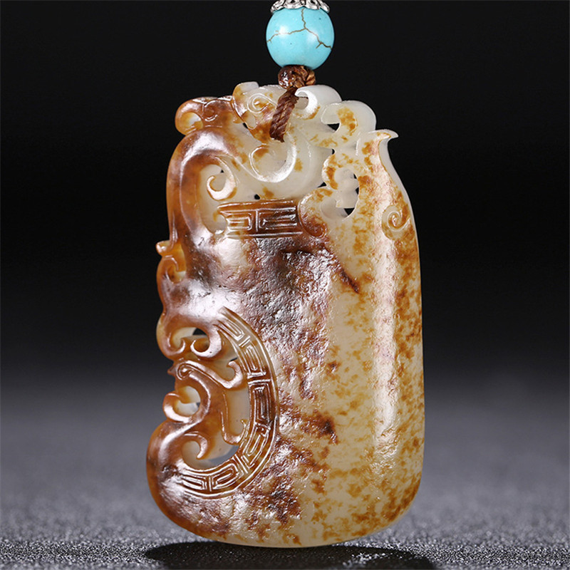 龍鳳圖騰雕刻和田玉，羊脂玉籽料掛件
