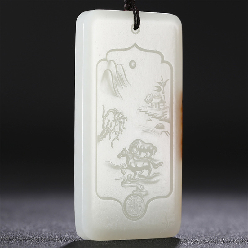 和田玉山水悠然自在掛件，白玉項(xiàng)鏈玉石。
