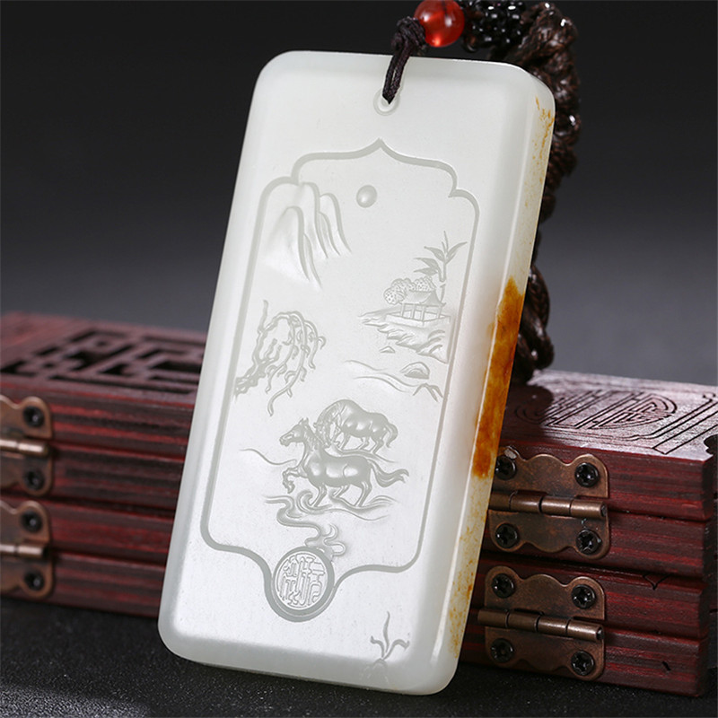 和田玉山水悠然自在掛件，白玉項(xiàng)鏈玉石。