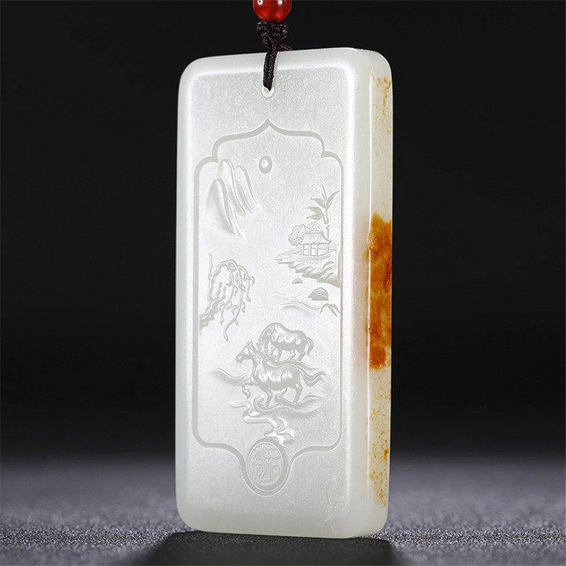 和田玉山水悠然自在掛件，白玉項(xiàng)鏈玉石。