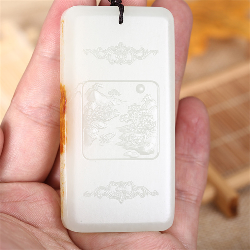和田玉山水悠然自在掛件，白玉項(xiàng)鏈玉石。
