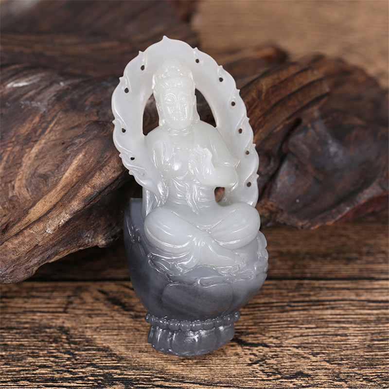 護佑之主和田玉觀音掛件，天然青花籽料掛墜。