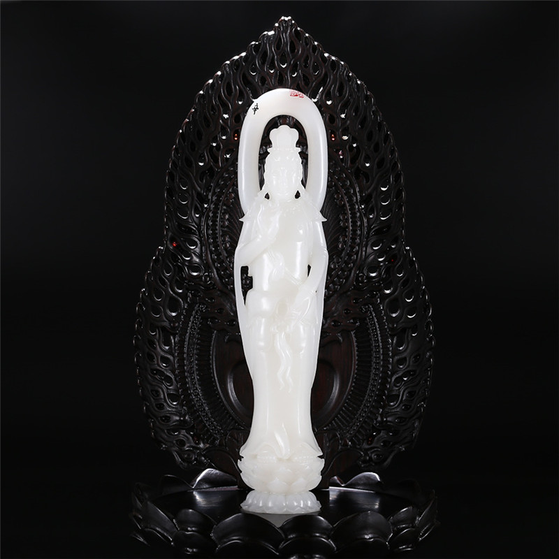羊脂白玉觀音擺件，順心如意護(hù)佑平安