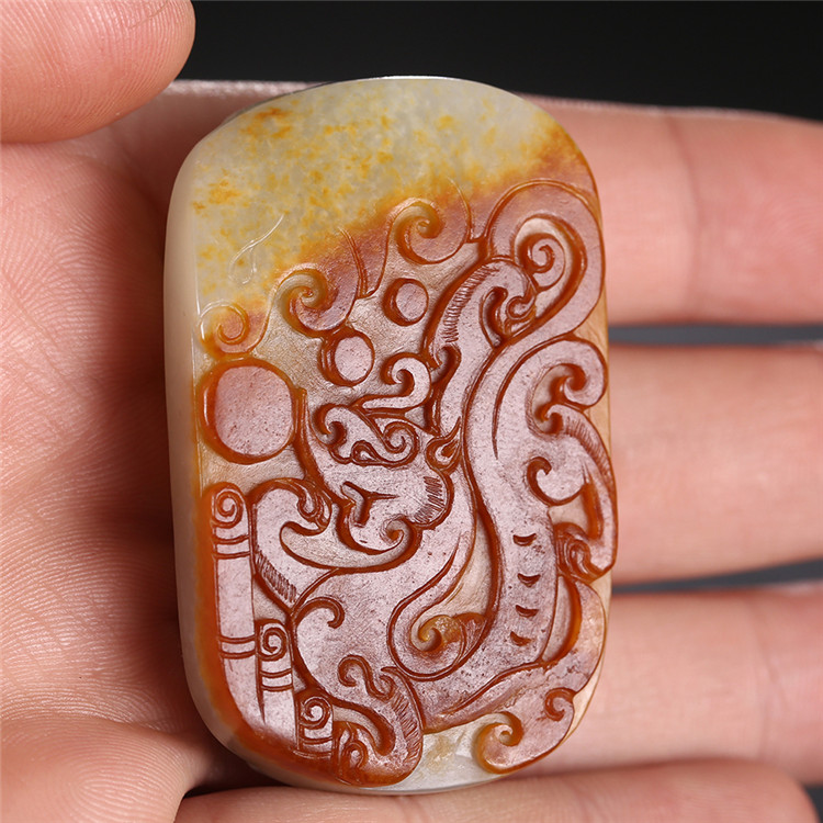 仿古龍御天下白玉皮帶扣，和田玉籽料真皮手把