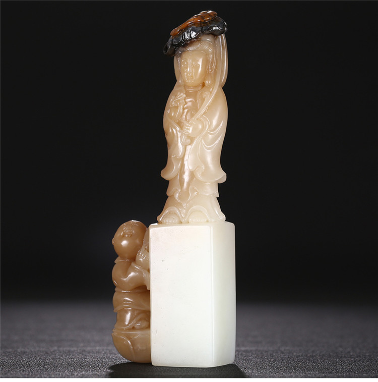童子拜觀音白玉印章，立體圓雕和田玉手把件