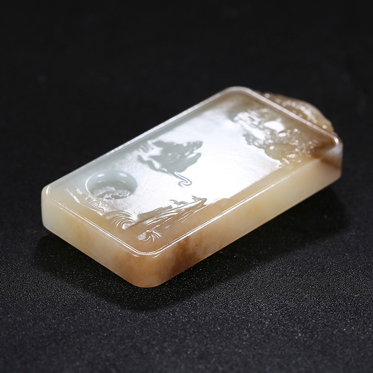 神龍送福人間山水玉牌掛件，天然糖白玉項(xiàng)鏈