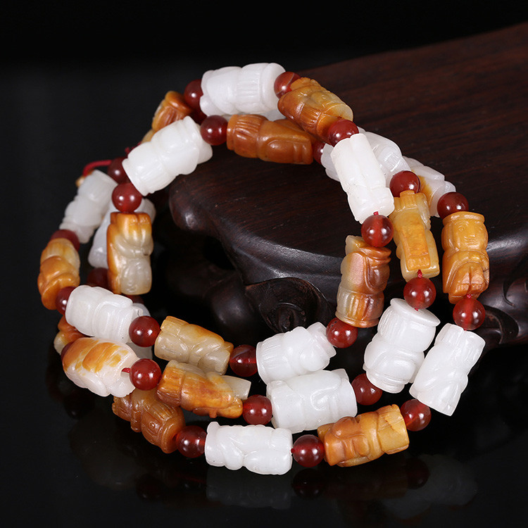 32顆和田玉珠佛像項鏈，真皮玉鏈天然白玉手鏈