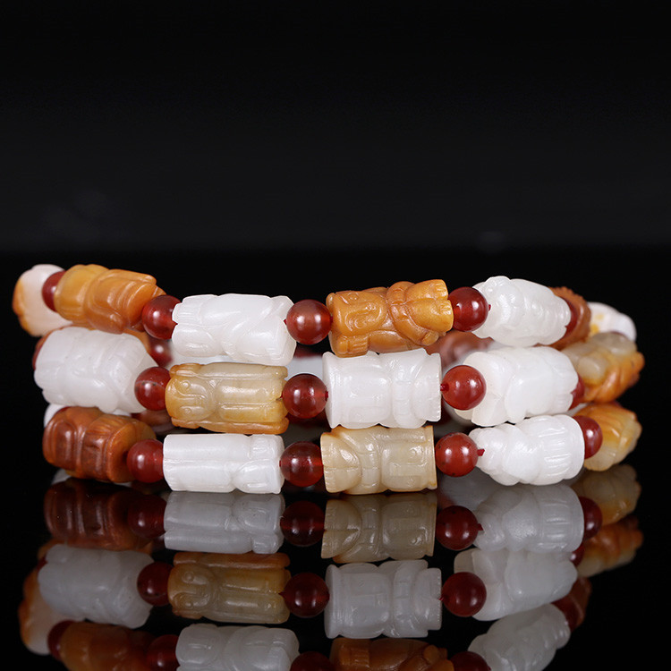 32顆和田玉珠佛像項鏈，真皮玉鏈天然白玉手鏈