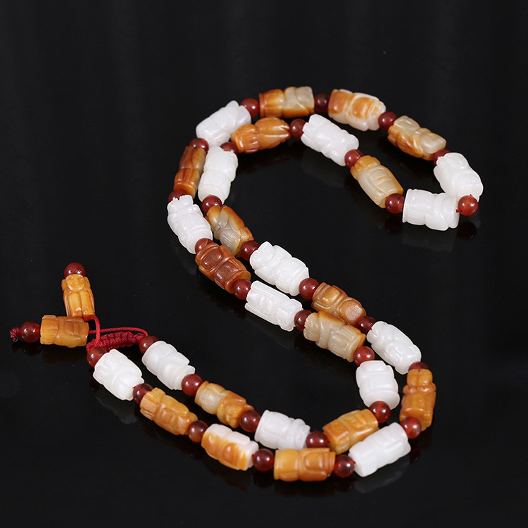 32顆和田玉珠佛像項鏈，真皮玉鏈天然白玉手鏈