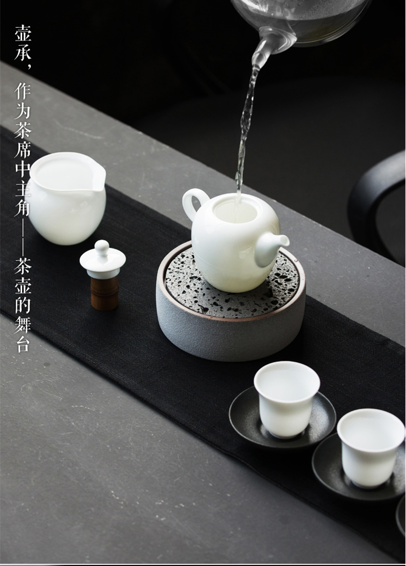 火山石小壺承天然巖石圓形茶托盤(pán)，陶瓷茶承儲(chǔ)