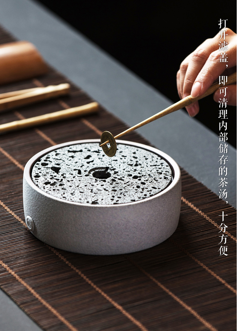 火山石小壺承天然巖石圓形茶托盤(pán)，陶瓷茶承儲(chǔ)
