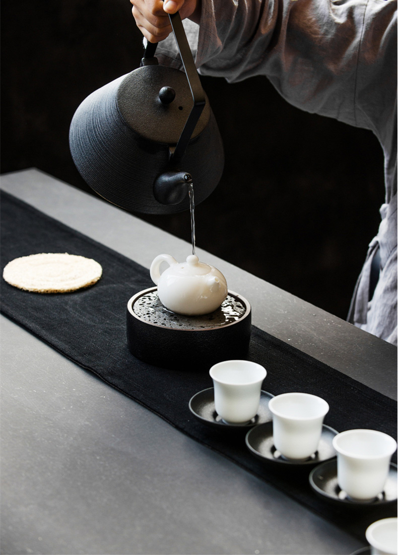 火山石小壺承天然巖石圓形茶托盤，陶瓷茶承儲