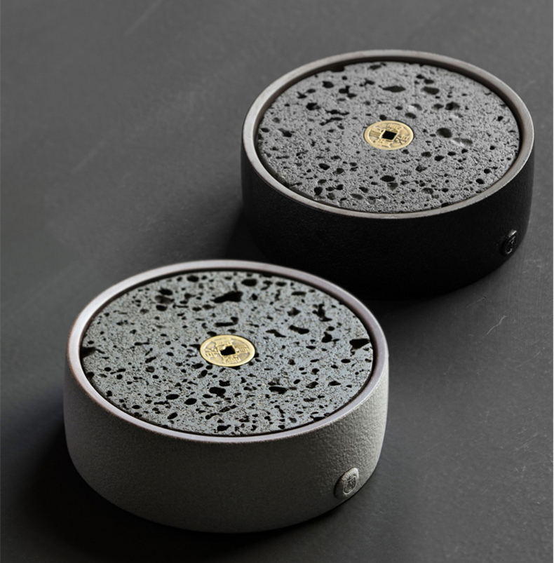 火山石小壺承天然巖石圓形茶托盤，陶瓷茶承儲