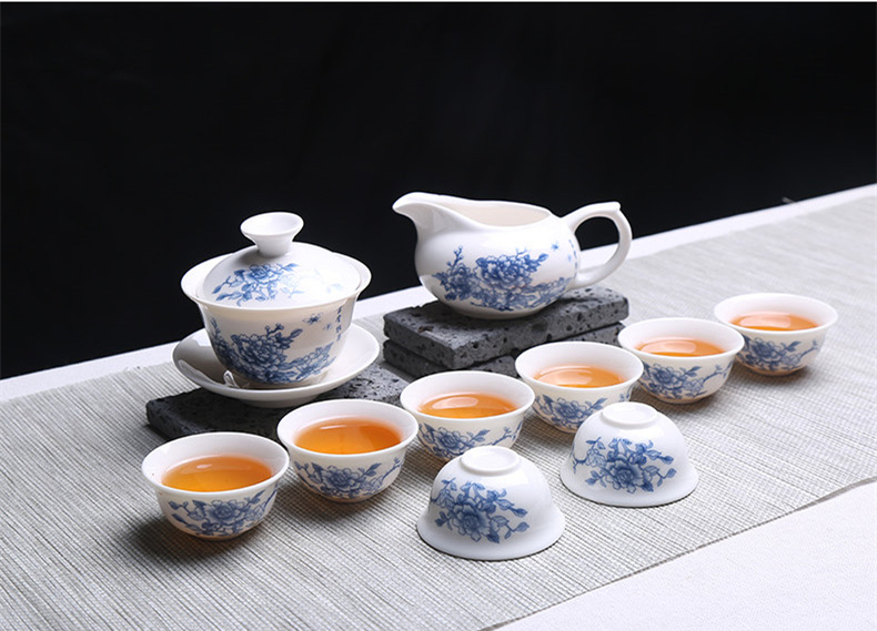 青花瓷茶具套裝禮盒，家用白瓷功夫茶具