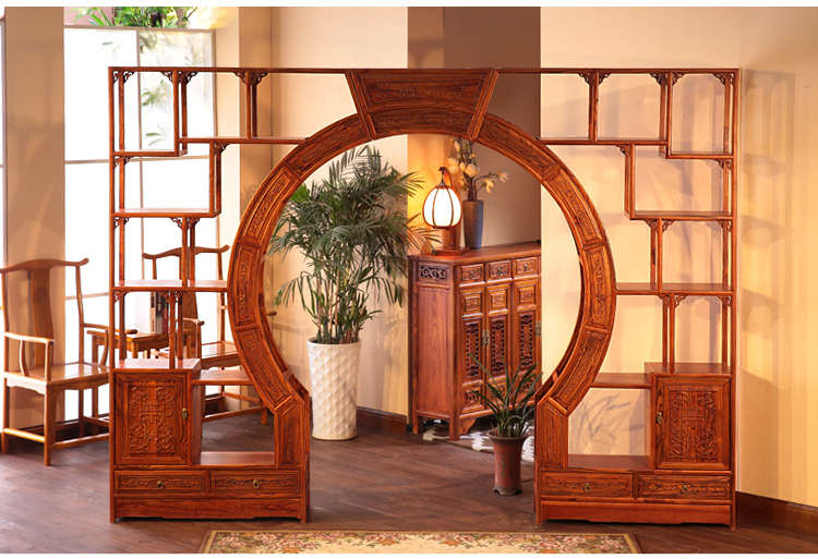 中式實木雙圈月洞門博古架，雙面雕花隔斷南榆