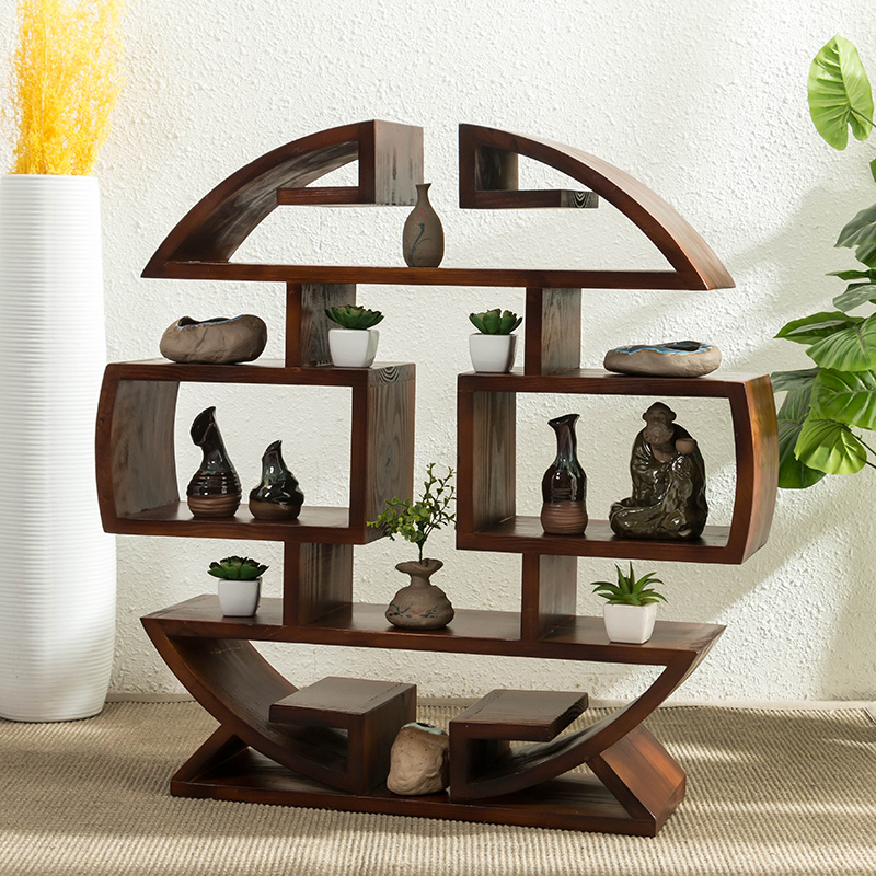 實(shí)木小多寶閣擺件博古架，圓形落地展示置物架