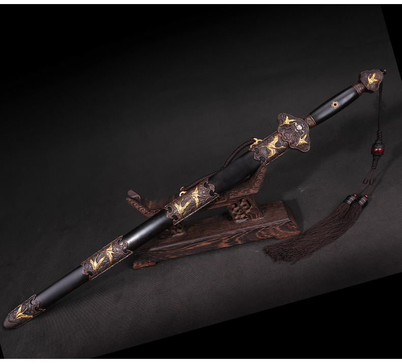 仙鶴劍花紋鋼覆土燒刃寶劍，工藝禮品劍長款