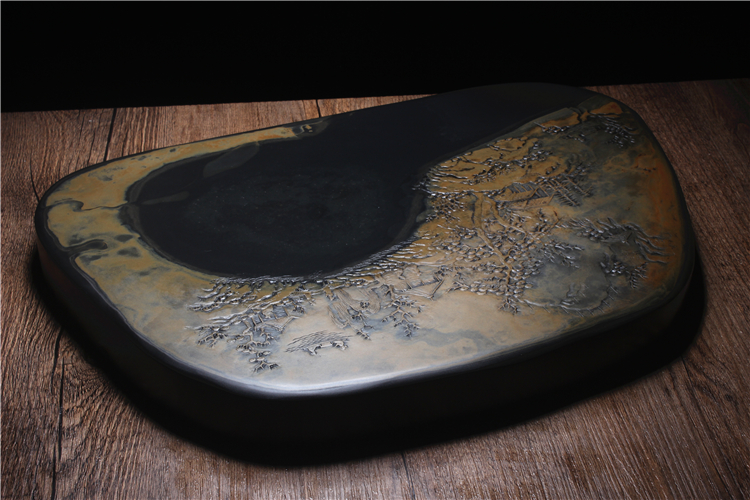 松山雅居歙硯手工精品，老坑金暈原石籽料