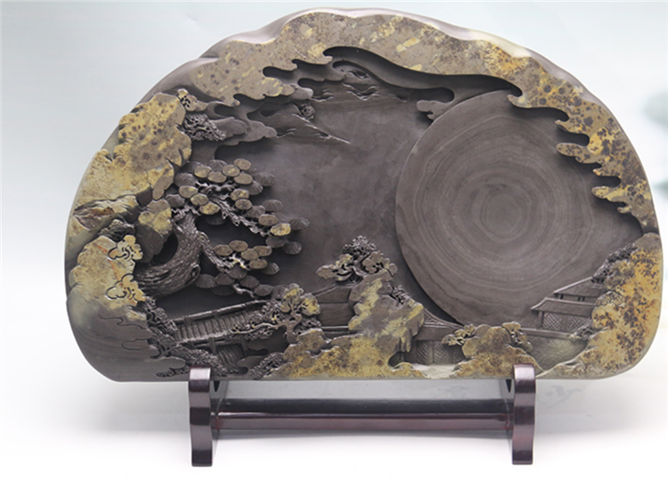 松山攬勝玉黛石硯臺，中國文房四寶硯臺