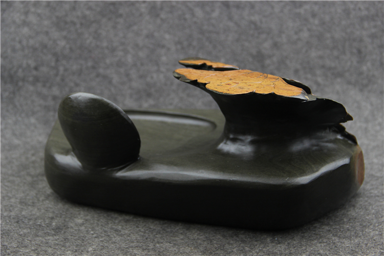 金暈魚子荷葉雕花歙硯，老坑硯臺(tái)龍尾硯