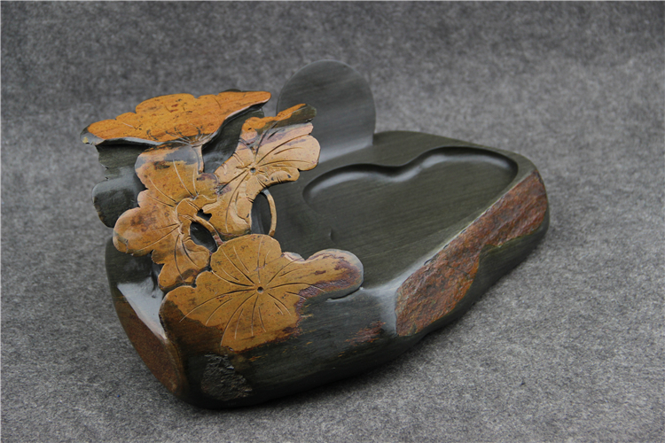 金暈魚子荷葉雕花歙硯，老坑硯臺(tái)龍尾硯