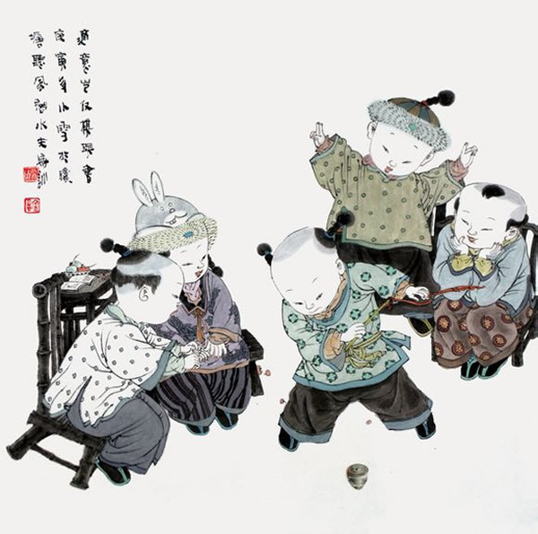 著名中國畫家王家訓(xùn)的筒子嬉戲圖