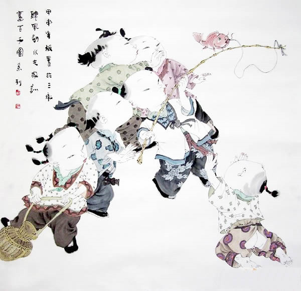 著名中國(guó)畫(huà)家王家訓(xùn)的筒子嬉戲圖