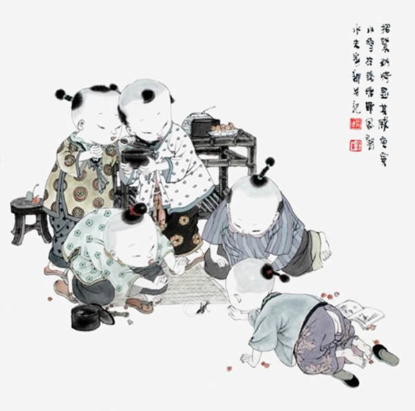 著名中國(guó)畫(huà)家王家訓(xùn)的筒子嬉戲圖