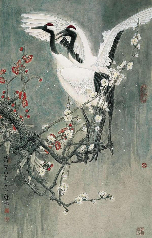 竇申清仙鶴工筆畫國(guó)畫作品欣賞