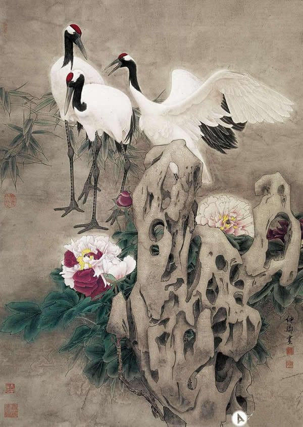 竇申清仙鶴工筆畫國(guó)畫作品欣賞