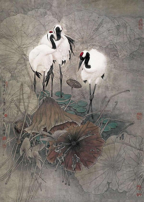 竇申清仙鶴工筆畫國(guó)畫作品欣賞