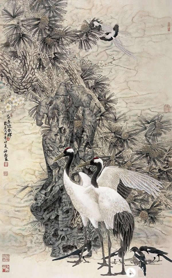 竇申清仙鶴工筆畫國(guó)畫作品欣賞