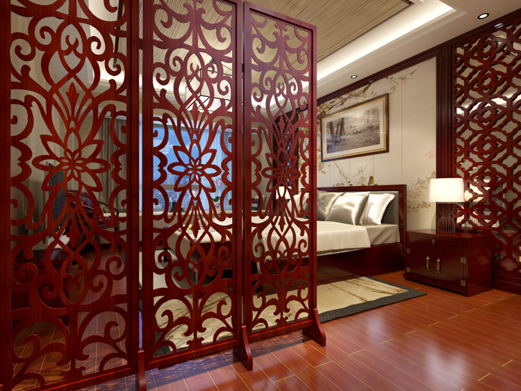 中式仿古典雕花鏤空折屏