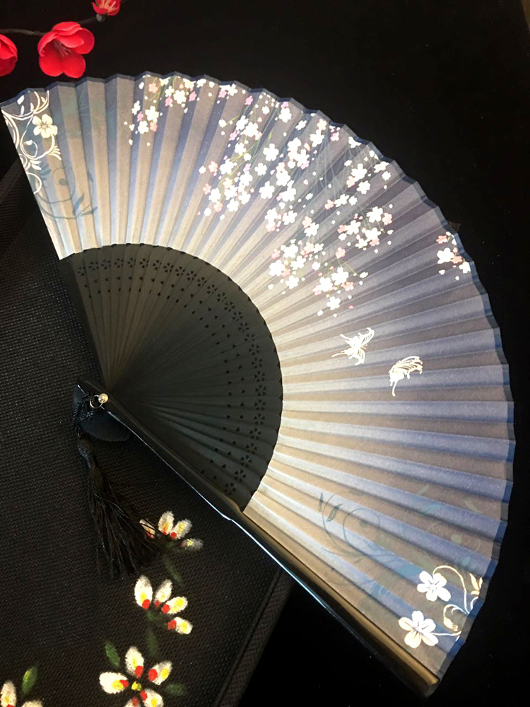 古典家佳樂文學(xué)烤漆邊真絲櫻花竹折扇